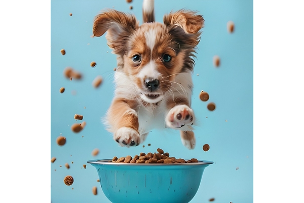 Image a dog jumping on pet food in a bowl.