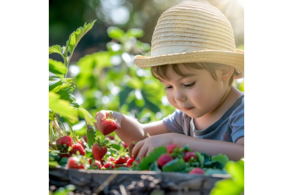 Child picking strawberries