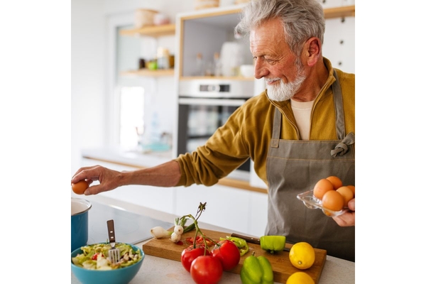 Older man cooking a meal with less processed foods.
