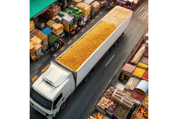 Image a truck with fruits in a food facility.