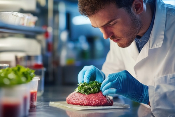 Image a male scientists examining plant based meat in a laboratory.