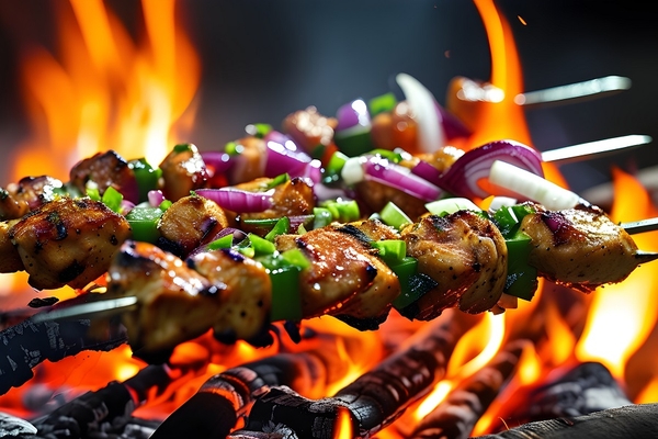 Image meat on the grill with flames.