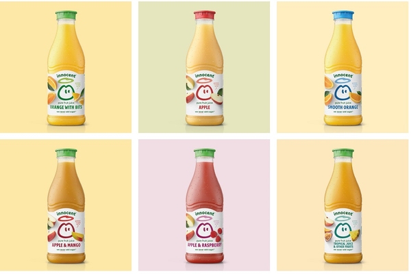 A collage of different bottles of juice.
