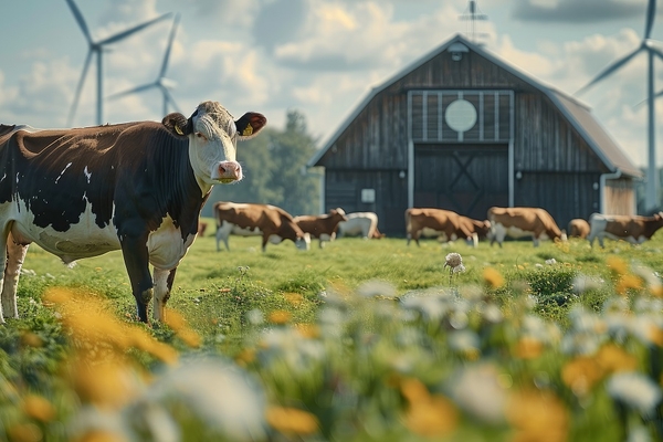 Image a cow standing in a barn.