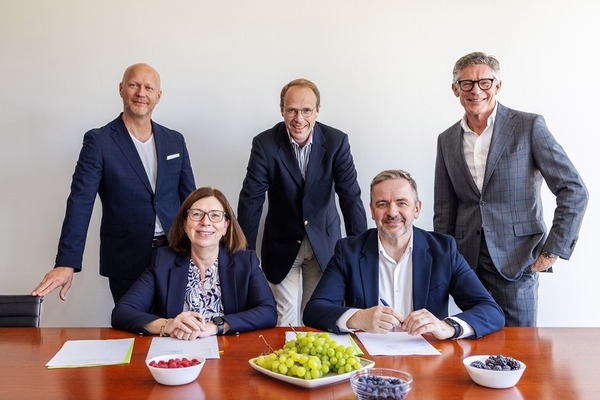 Image four men and one woman in suit with fruits on a table.