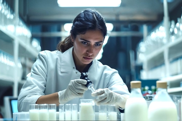 Image a female scientist testing milk samples in the lab.