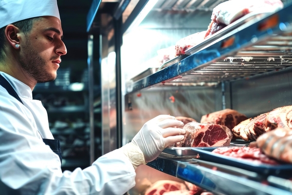 Image Butcher arranging trays of fresh meat cuts on racks inside a walk-in freezer.