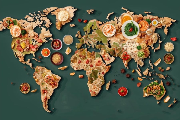 Image map of countries with various food on top of lands