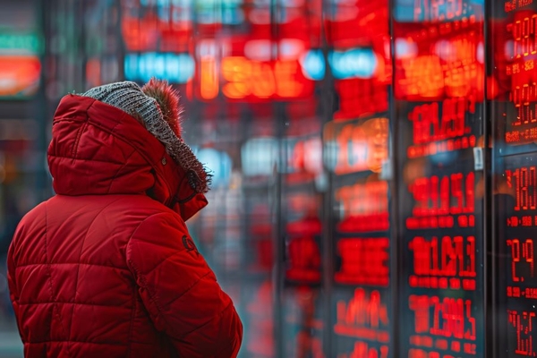 Image A man wearing a jacket looking at a board of numbers.