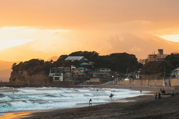 Japanese beach with mountain.