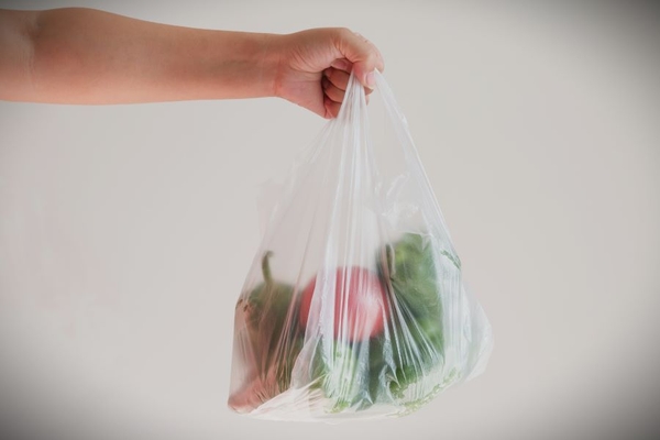 Image Holding single-use plastic bag with apples.