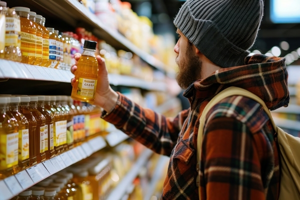 Image a man looking at a bottle of honey in the supermarket.