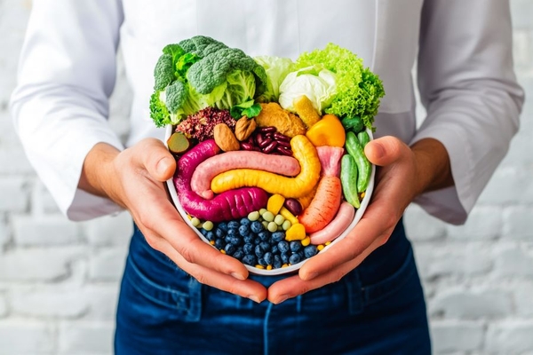 man holds a bowl of fibrous veggies, nuts and fruits over his belly