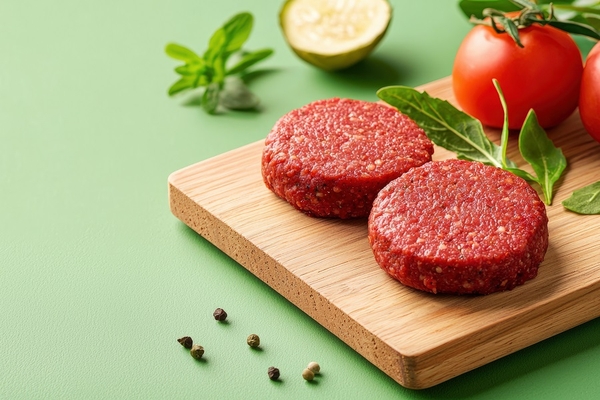 Image plant based meat with green leaves and tomatoes on a wooden board