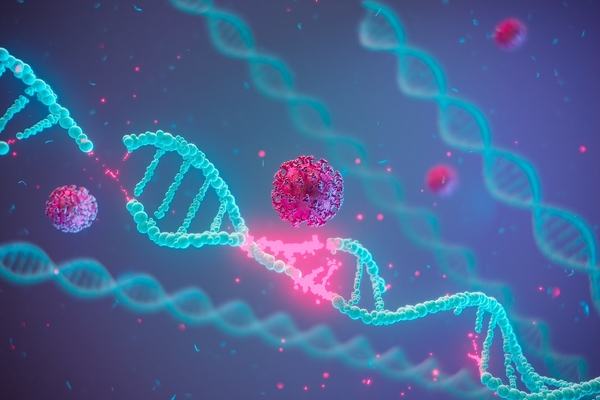 Image CRISPR gene editing technology showing blue DNA strands