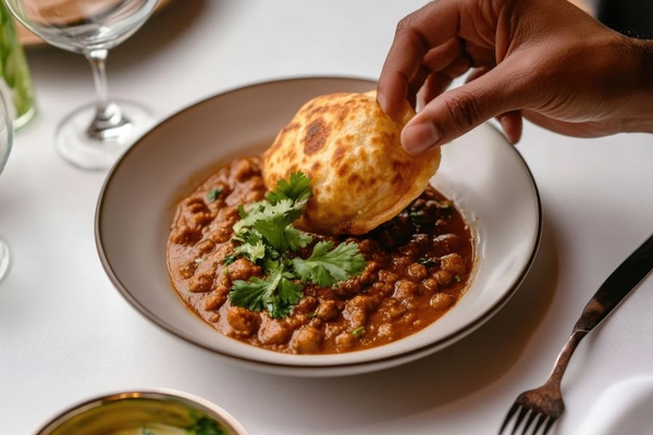 Image dipping bread in chickpea curry