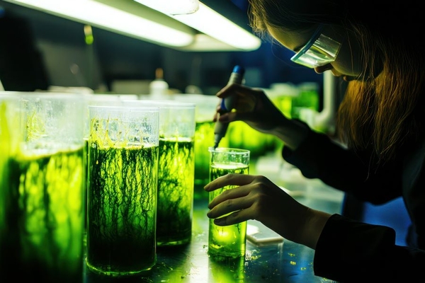 Image female scientist in lab exploring algae for skin care applications