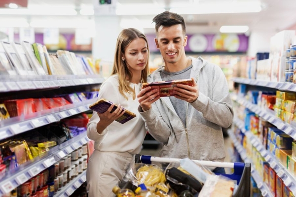 Customers in supermarket looking at chocolate packaging.