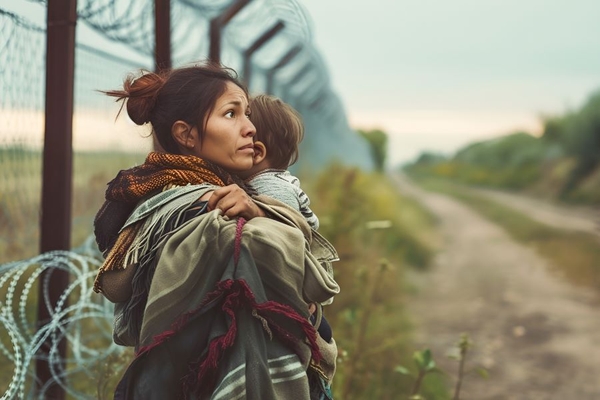 Image woman with baby by border fence
