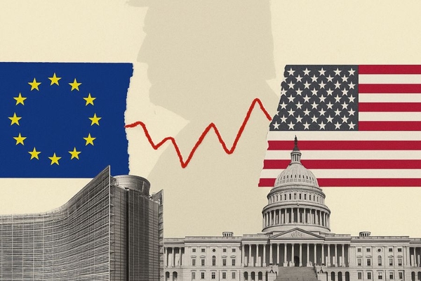 washington and brussels buildings with US and EU flags