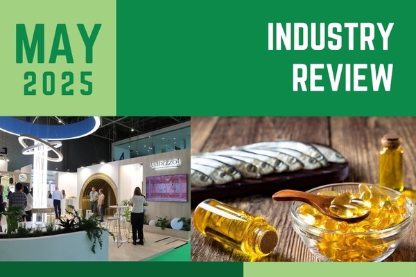 Image Green graphic with a picture of small fish on a wooden plank and omega 3 capsules, a seperate pic of Vitafoods Europe show room, and the words May Industry Review.