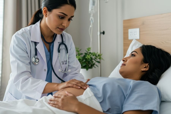 Image doctor checks on pregnant woman