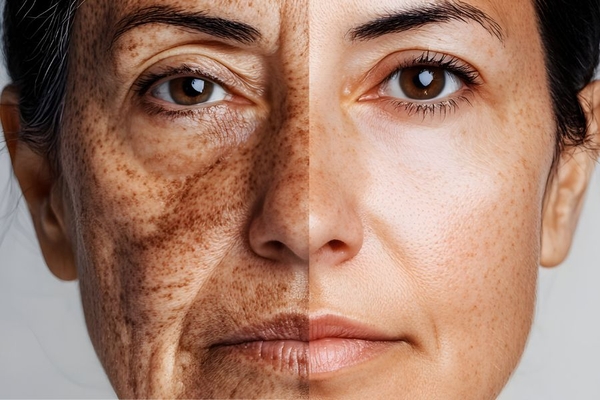 Image woman with half of face aged with freckles and wrinkles