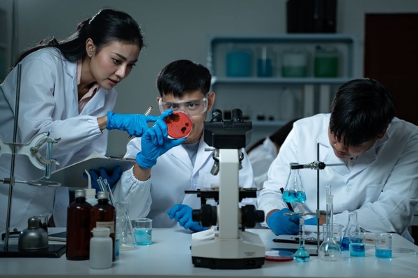 Researchers analyzing bacteria
