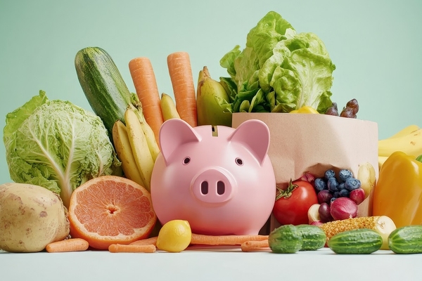Image Piggy bank and food grocery items