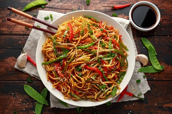 noodles in a white bowl with chopsticks