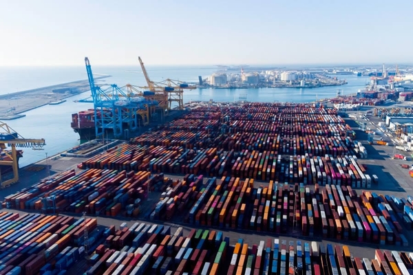 Cargo containers at a port.