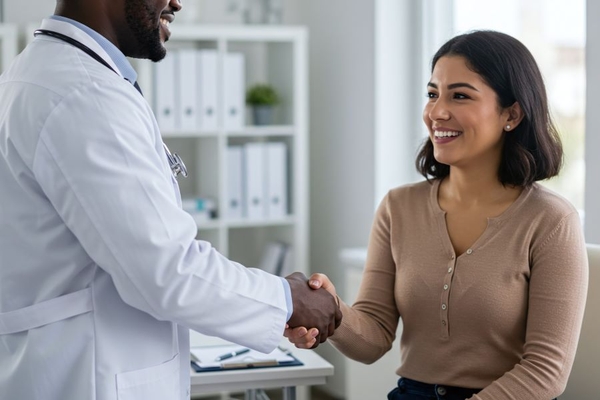 Image Friendly handshake Between black Male Doctor And brown Female Patient