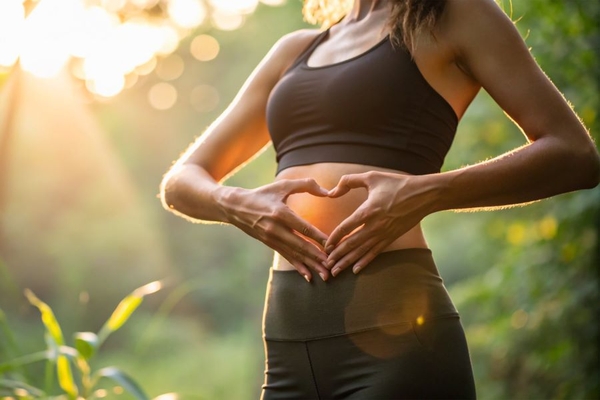 Image woman hands making heart shape on her stomach