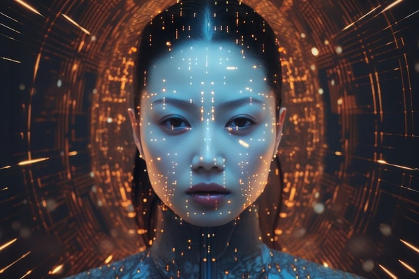 Image woman's face with data points and technology halo