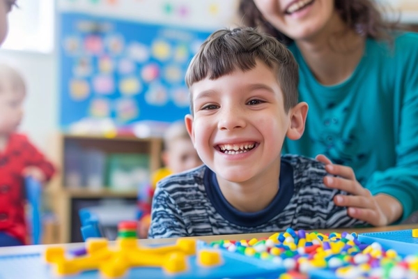 joyful Autistic boy Learning with Teacher in Classroom