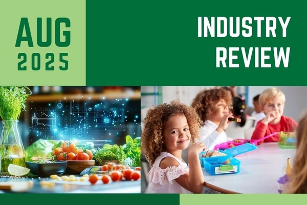 A green graphic that says August In Review with a picture of children lunch at a table at school next to an image of vegetables.