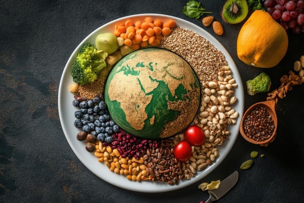 Image Earth laid on a plate surrounded by nutritious food