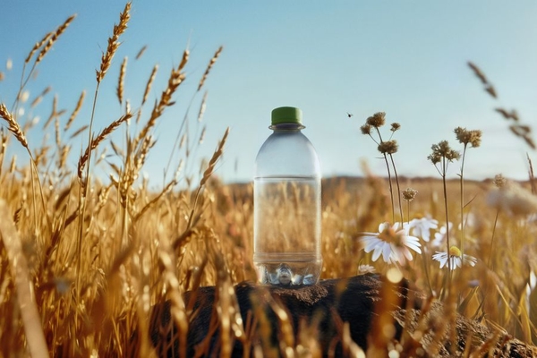 Image plastic bottle in a wheat field
