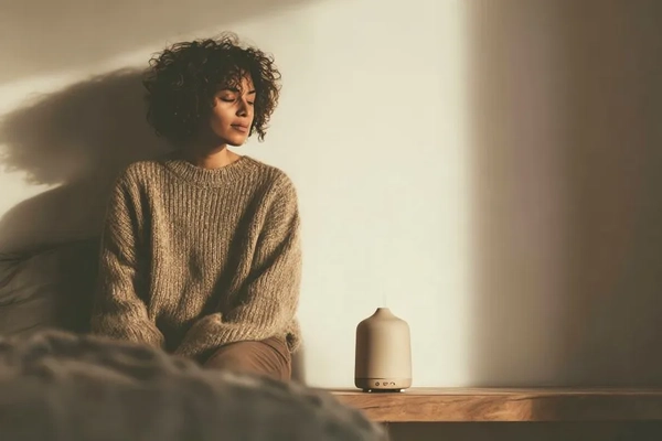 Image A woman sitting on the ground next to a diffuser.