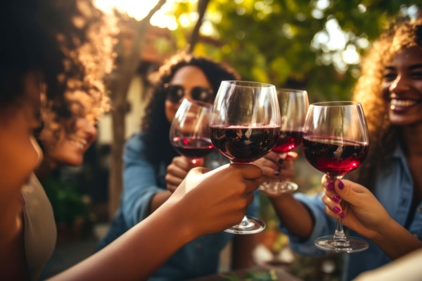 Image A group of women cheersing with red wine.