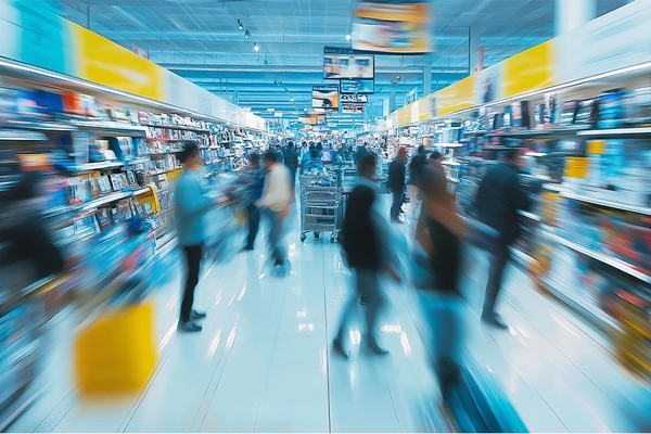 Image Consumers in supermarket buying F&B products.