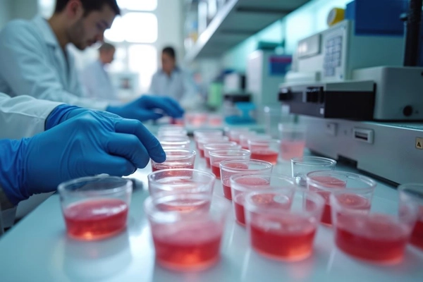 Image Researchers analyze bacterial samples using advanced equipment