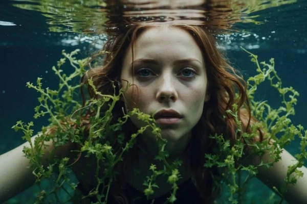 Image woman floating under water with seaweed