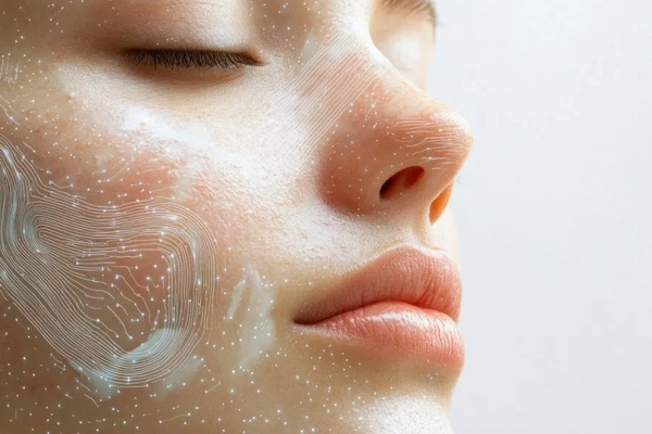 A woman's face with luminescent lines and dots on it.