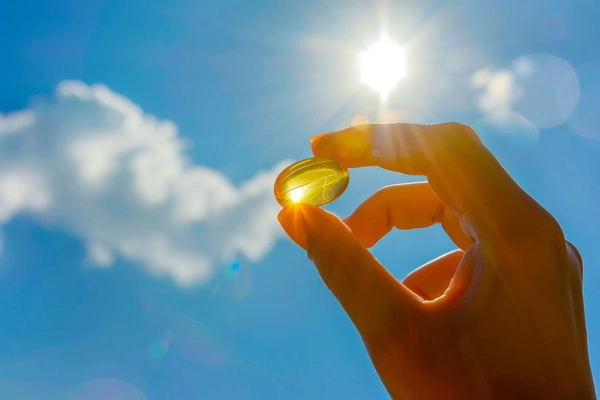 Holding yellow supplement in sunshine