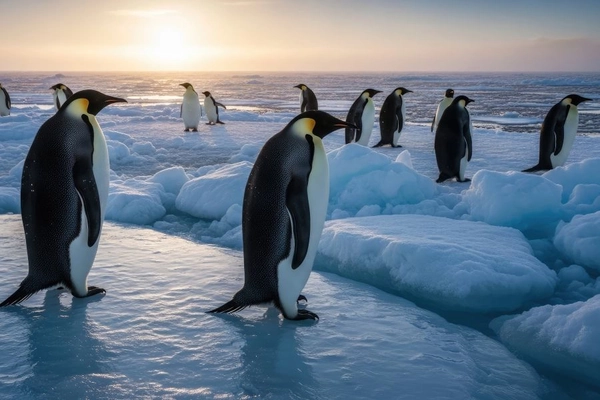 Emperor Penguins Standing on Shimmering Ice Floes in the Antarctic at Golden Hour Sunset