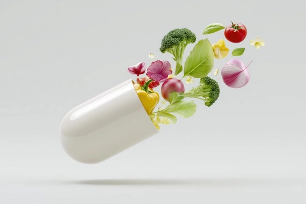 Vitamin capsule filled with vegetables and herbs Vitamin capsule filled with vegetables and herbs