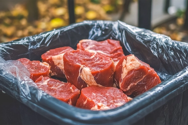 Image Discarded fresh meat in bin.