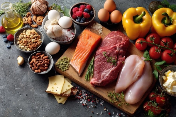 Image colorful assortment of fresh ingredients on a rustic kitchen countertop, with meat, dairy products and fresh veggies