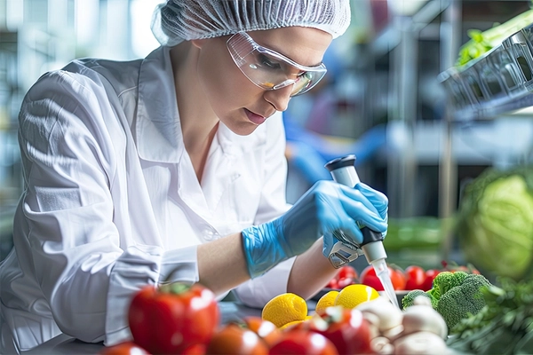 Image Food scientist testing fresh produce ingredients.